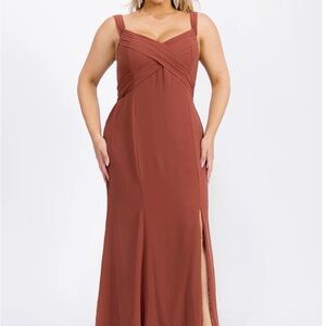 PLUS SIZE SLEEVELESS V-NECK FRONT SLIT SELF TIE MAXI GOWN DRESS - FORMAL DRESS